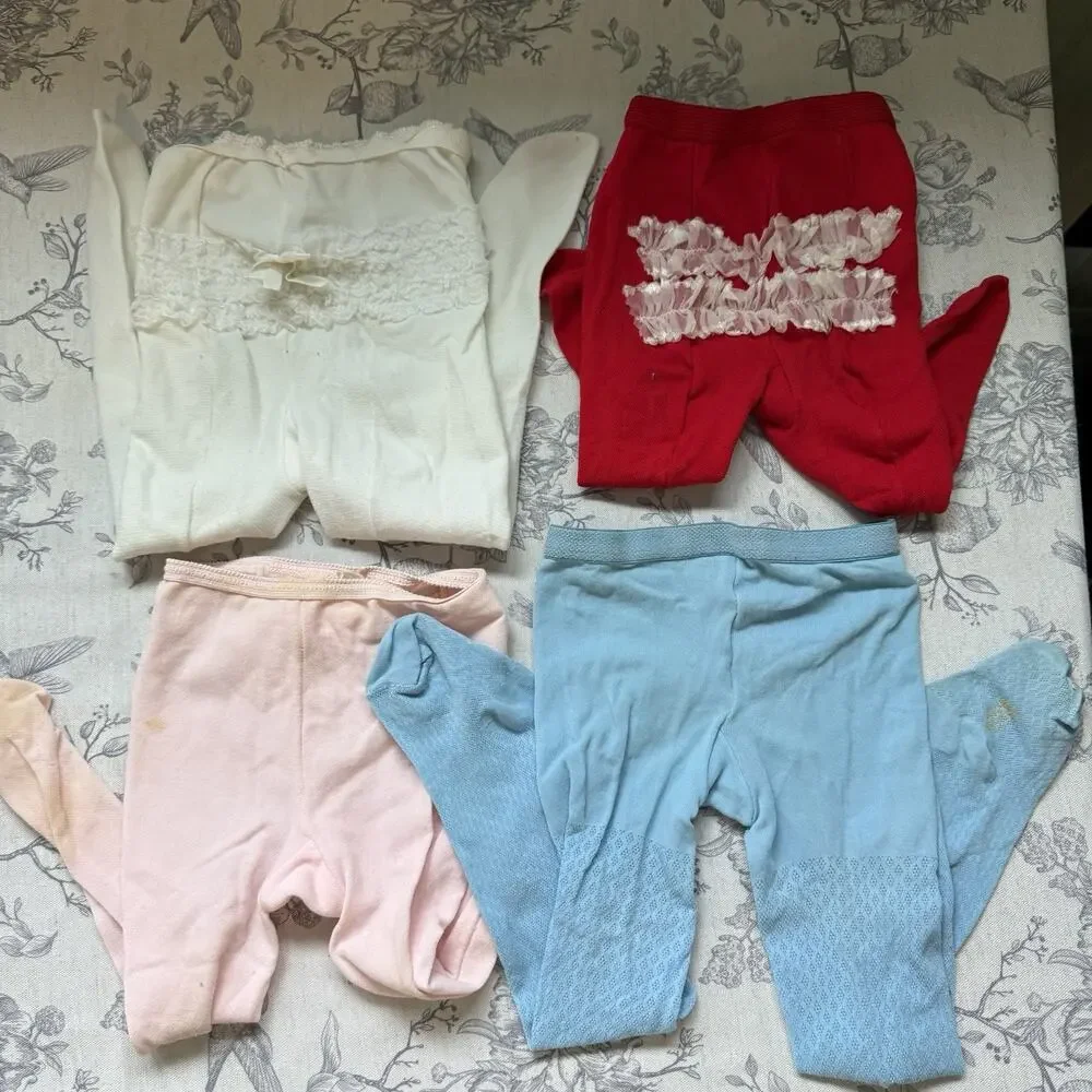 VTG 80s Infant Baby Girl 24 Months Tights Lot Ruffled Bottom White Red Blue Pink